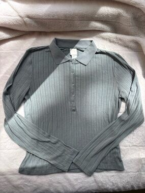 H&M Long Sleeve Ribbed Polo Top in Sage Green